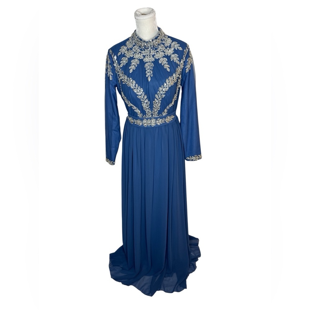 Long sleeve fully lined modest blue formal dress with silver sequin size 48EU